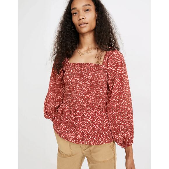 Madewell Lucie Smocked Peplum Top Red Floral Size 6 Square Neck Balloon Sleeve - Picture 1 of 9